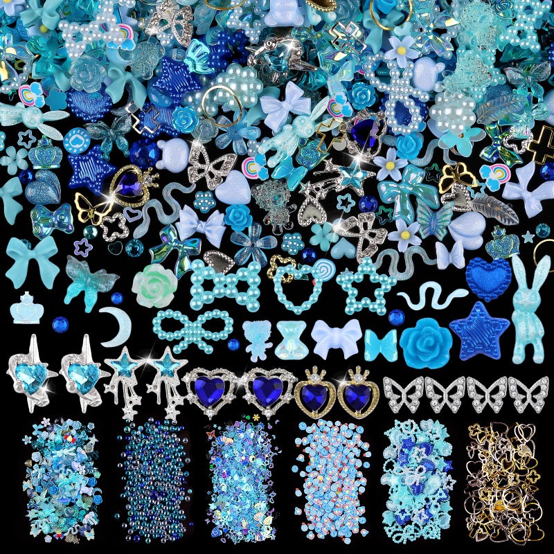 650pcs Mixed 3D Nail Charms Kit 12pcs Luxury Metal Nail Rhinestones and 250pcs Resin Butterfly Flower Star Heart Bow Charms with 400pcs Flatback Pearls Rhinestone Metal Gems Charm Blue